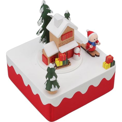 Boîte à musique rotative en bois faite à la main, jouet, décoration, artisanat, cadeau de Noël, bonhommes de neige sur traîneaux rouges et blancs