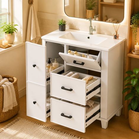 BATDTECH - Mueble de Baño con Lavabo de Cerámica 76.5cm, Mueble Lavabo Suelo Blanco con 5 Cajones, Armario de Baño Moderno con Cajón Abatible y Cierre Suave
