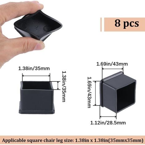 Lot de 8 patins carrés noirs pour pieds de chaise, embouts, protections de sol, couvre-pieds de meubles adaptés aux pieds de 35 x 35 mm