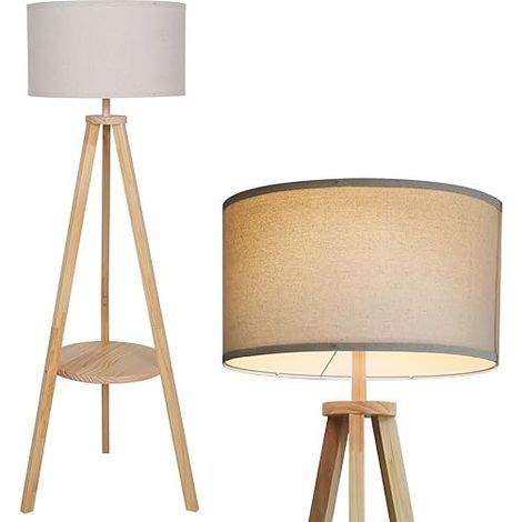 Lampadaire Trépied Étagère, Lampe sur Pied de Salon en Bois Hauteur 1.57m, Étagère Amovible, Abat-Jour en Lin Beige, Douille E27 Sans Ampoule, Interrupteur au Pied, Chambre (1/5)