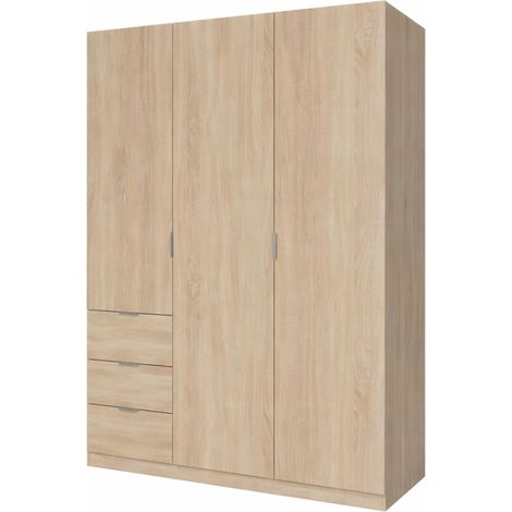 Armadio Guardaroba Vestiti 3 Ante Battenti 4 Ripiani E 3 Cassetti Con Barra Appendiabiti Salvaspazio Per Camera Da Letto Stanza Matrimoniale Design Moderno 200 x 52 x 135 Cm Colore Rovere Canadese - C