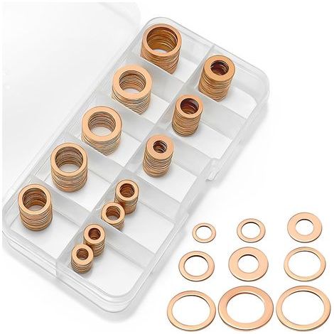 200 pièces Rondelle Cuivre Joint Vidange Assortiment Kit, Rondelles Plates, Joint Torique avec Boîte pour L'étanchéité, 9 tailles de M5 M9 M8 M10 M12 M14, pour Moteur de Bateau de Voiture (1/5)