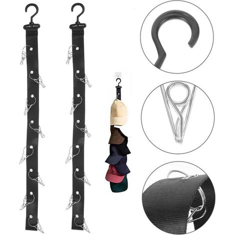 2-teiliger Hutständer, multifunktional, 66,5 x 5,5 cm, mit 8 Clips – geeignet für Zuhause, Büro und Kleiderschrank – Schwarz (1/5)