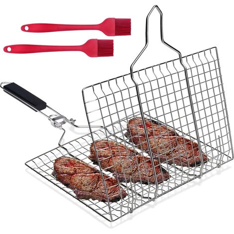 1 Panier À Griller, Acier Inoxydable, Pliable, 32x22cm, Poignée Amovible, Pour Barbecue Gaz Charbon