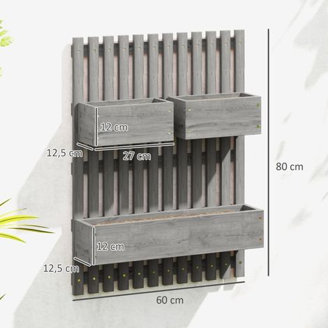 Jardinière murale potager 3 bacs bois amovible tissu 60x16x80cm gris (1/5)