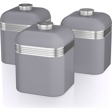 SWAN SWKA1020GRN Retro Set 3 Botes Metálicos de Almacenamiento, 1 L, Acero Lacado, Especias, Té ,Café, Vintage  Gris (1/5)