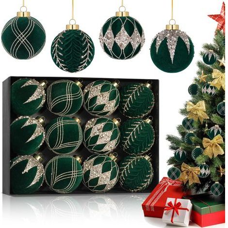 Lot de 12 boules de Noël en velours, décorations d'arbre de Noël – 80 mm, décorations de Noël vertes à suspendre, boules de Noël en plastique incassable, vacances, mariages, fêtes (vert) (1/5)