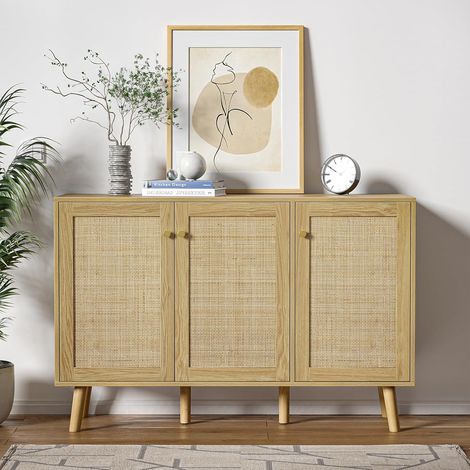Buffet en rotin pour salon, buffet de rangement avec 3 portes, crédence en bois, armoires d'appoint avec étagères réglables, pieds en bois massif pour cuisine, couloir, 120 x 40 x 82 cm (1/5)