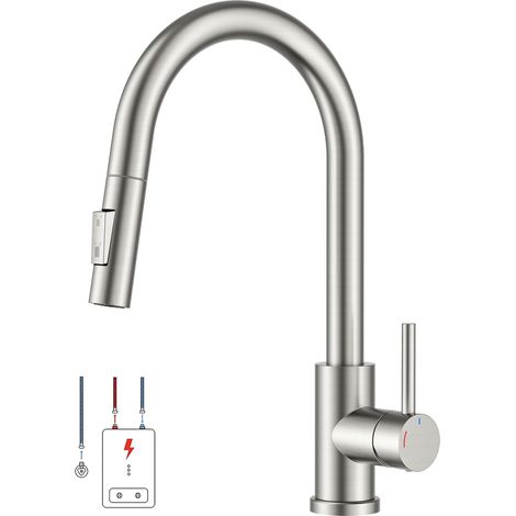 Mitigeur Cuisine Basse Pression, Robinet Cuisine Extensible, Mitigeur Monocommande Eau Chaude Et Froide, Compatible Avec Chaudière Et Appareils Sous Évier, Acier Inoxydable (1/5)