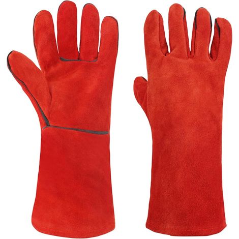 Gants de Barbecue en Cuir, Gants de Four Anti Chaleur, Gants de Soudage, Résistant au Feu et à la Chaleur, pour Le Barbecue, Pâtisserie, Four, Soudure, Cheminée, Jardinage - Rouge (1/5)
