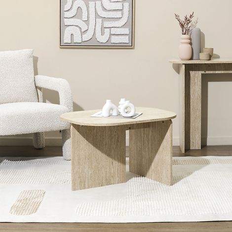 The Home Deco Factory – Table basse fixe effet pierre travertin – Dimensions adaptées pour objets décoratifs – Structure minimaliste blanche et beige