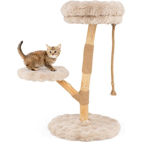 Katzenbaum mit 3 Plüschplattformen, Jute-Stämmen, 90 cm, Beige