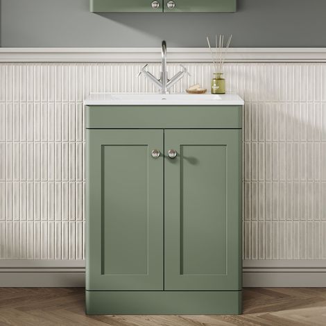 Nuie Classique Floor Standing 2-Door Vanity Unit with 1TH Minimalist Basin 600mm Wide - Satin Green (1/5)
