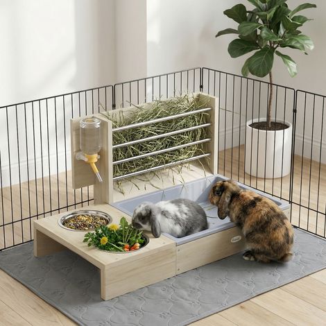 Râtelier foin bois naturel pour lapin, mangeoire 3-en-1 avec bac litière et abreuvoir, 58x40x32cm, accessoire cage rongeur (1/5)