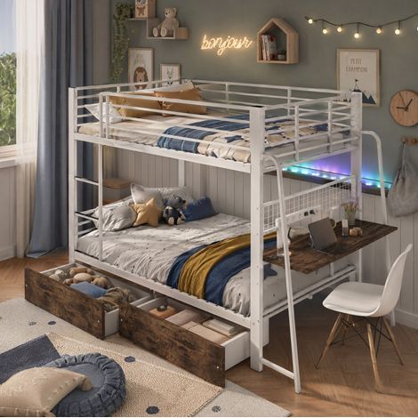Letto a castello matrimoniale 140x200 cm con scrivania, illuminazione a LED RGB, porte USB e Type-C, in metallo bianco e MDF color noce (1/5)