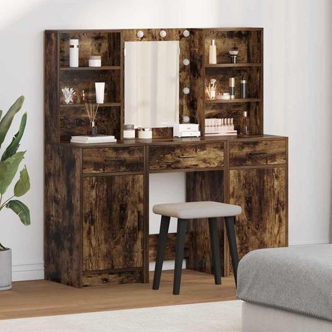 Schminktischset mit LED 3 pcs Geräucherte Eiche Holzwerkstoff