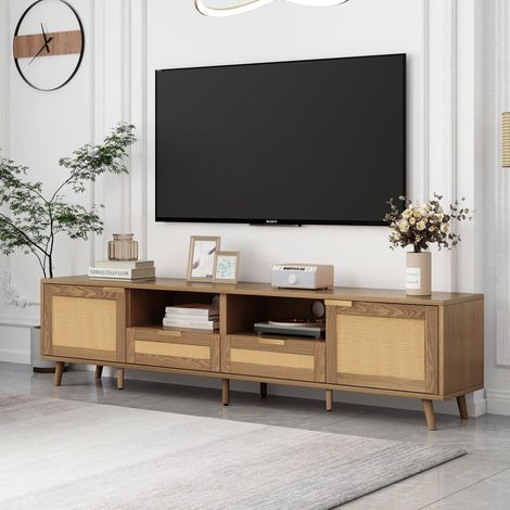 Mueble TV 200 x 37 x 49 cm roble, 2 puertas, 2 cajones, ratán, OKMYHOME (1/5)