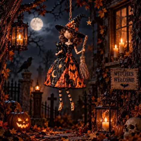 Exquisite and creative Gothic Halloween Hanging Decor - Witch Hanging Decoration - Holding a broom -