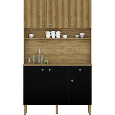 Beaux Meubles Pas Chers – Buffet de cuisine 6 portes 1 tiroir imitation bois exotique et noir – 7 niches L 111 H 185 P 39.3 cm – Panneaux de particules FSC (1/4)