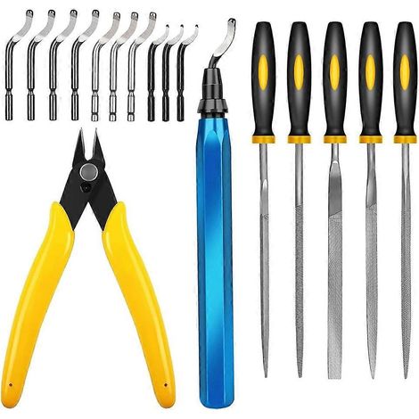 Kit d'ébavurage pour impression 3D comprenant 11 lames en acier rapide, 5 limes aiguilles et 1 micro-pince coupante. (1/5)
