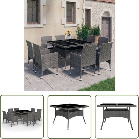The Living Store Ensemble à manger de jardin 9 pcs Résine tressée et verre Gris - Salon De Jardin - Mobilier De Jardin - Set De Table Extérieur - Ensemble Repas Extérieur - Table Et Chaises De Jardin (1/5)