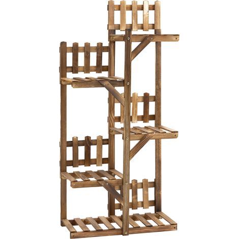 Blumenregal aus Holz, Pflanztopfhalter, 5 Ablagen, dekorative kleine Ablagen, 60 x 30 x 130 cm, karbonisiertes, behandeltes Tannenholz, für Innenräume, Garten, Terrasse und Balkon