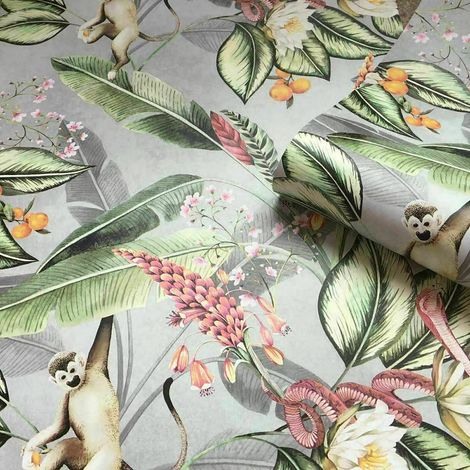 Animal Garden Wallpaper Belgravia Decor Tropical Jungle Animal Green Grey Pink (1/3)