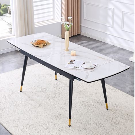 CHICFURN Mesa de comedor extensible 140-200 cm, tablero cerámico blanco, metal negro y dorado (1/5)