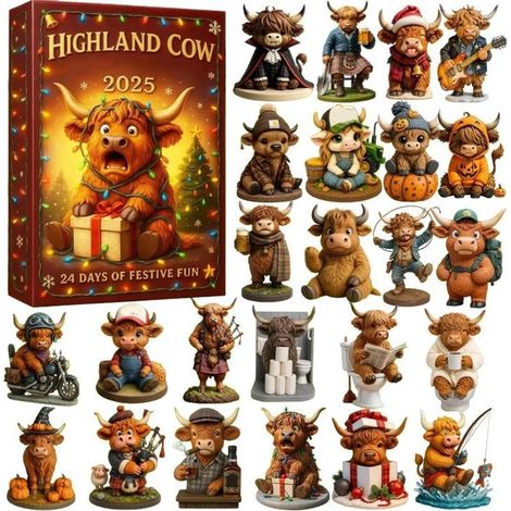 Calendrier de l'Avent 2025-2025 - Thème vaches des Highlands (2D) - Décoration intérieure Calendrier de l'Avent animalier Idéal pour le salon, la chambre, la cuisine ou une fête d'anniversaire (1/5)