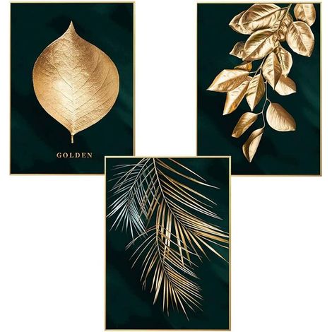 Lot de 3 affiches murales design avec motifs forêt, feuille dorées, palme, sans cadre, décoration murale pour le salon (1/5)