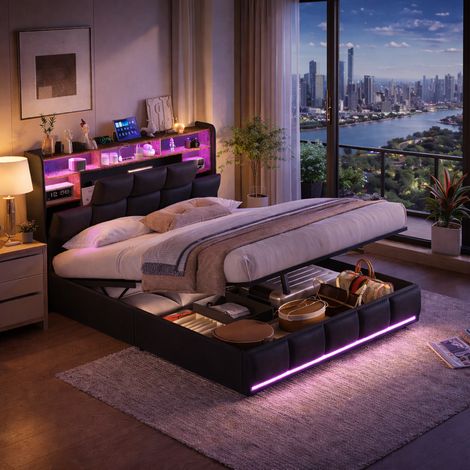 Lit coffre 160 x 200 cm, lit rembourré avec sommier à lattes, lit double avec éclairage LED, tête de lit coffre et station de charge USB, lit tapissier avec hydraulique, lit jeune moderne, PU, cadre d (1/5)