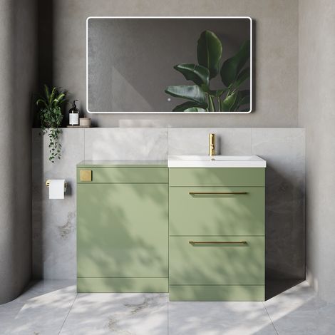 Napoli 390 Cento Olive Green 1200mm 2 Drawer Vanity Unit Toilet Suite with Glide Basin - 1200mm - Brushed Brass 320mm HandleWithout Kingston Toilet Pan