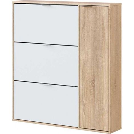 Meuble à Chaussures avec 3 abattants et 1 porte chêne canadien / blanc artic -Hauteur 115 x Longueur 106 x Profondeur 22 cm