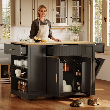 Îlot de cuisine mobile sur roulettes 120x50x92 cm, avec 2 portes, 3 tiroirs et emplacement pour poubelle (non fournie), desserte multifonction (1/5)