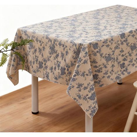 Baumwoll-Leinen-Tischdecke mit blauem Blumenmuster, 150x100cm