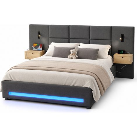 Cama Arcón 2 Plazas, USB Tipo C, LED y Luces Nocturnas, 180 x 200 cm, sin Colchón, Gris Oscuro (1/5)
