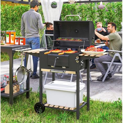 Holzkohlegrill aus Edelstahl, Grillwagen mit Deckel, Thermometer, schwarz OKMYHOME (1/5)