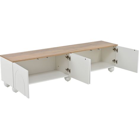 Meuble TV 180 x 40 x 45 cm avec 4 portes, meuble TV et commode TV avec 6 pieds métalliques à billes, meuble bas et table TV, adapté aux téléviseurs jusqu’à 80 pouces, bois + blanc (1/5)