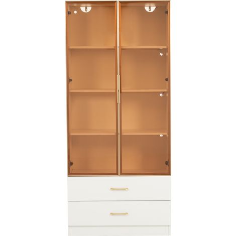 Armario de baño alto 75 cm blanco MDF con luz, 2 cajones, 2 puertas y cristal templado (1/5)