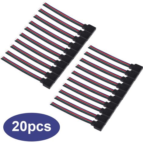 Cable de Connexion LED,Lot de 20 Pèces,Connecteur 4 Points PVC Noir/10cm pour Ruban LED 5050/3528/3014 RGB Femelle (1/5)