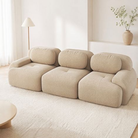 Canapé 3 places modulable en velours côtelé Beige– Haute élasticité– Accoudoirs galbés – Base antidérapante – Longueur 298cm – Pour salon et chambre (1/5)