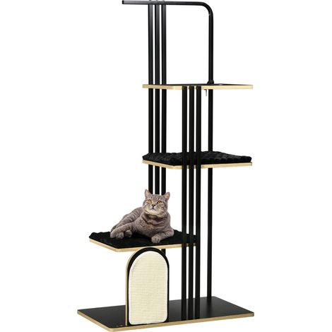 Katzenbaum 170cm Großer Kratzbaum mit Kissen, Kratzbrett, 3 Plattformen, Katzenmöbel aus Stahl in Schwarz