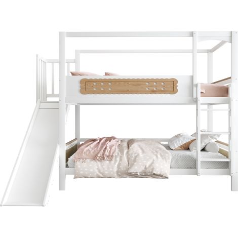 Lit superposé enfant 90 x 200 cm avec toboggan, échelle large, barrières intégrales et rangement sous glissière, style maison pour chambre ludique et sûre - CHICFURN (1/5)