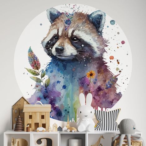 Sticker mural rond / cercle Enfants - Raton Laveur - Diamètre 30 cm - Adhésif + Protection MATE (1/2)