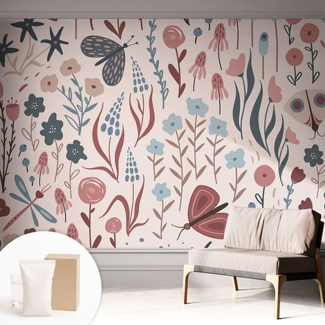 Tapete Vliestapete mit Kleber - Wanddekoration Wohnzimmer - Tapete Schlafzimmer Blumen und Insekten 312x219 cm (1/5)