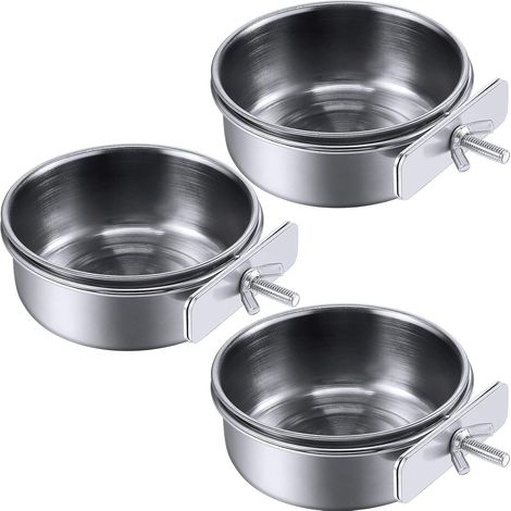 3 Vogelfutternäpfe, Papageienfutternäpfe aus Edelstahl, Futter- und Wassernäpfe, Vogelkäfig-Napfhalter mit Klemmhalterungen, Vogeltränke (S) (1/5)