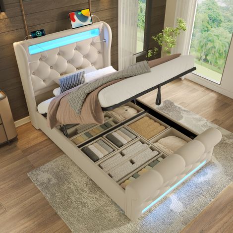 Modernes Polsterbett Einzelbett 90x200cm, Polsterbett mit LED-Leuchten,Stauraum-Kopfteil mit USB- und Typ-C-Anschlüssen, Hydraulisches Stauraumbett, Beige, Samt.(Ohne Matratze)