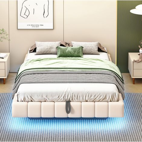 Cama tapizada 201x141x31 cm, suspendida con luz LED, almacenaje, sin cabecero, lino y metal beige (1/5)