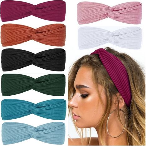 Huachi Haarbänder für Damen, gedrehte Knoten, Boho-Stil, dehnbar, für Mädchen, gekreuzte Turbane, schlichte Kopftücher, Yoga- und Workout-Haaraccessoires im Vintage-Stil, einfarbig, 8 Stück (1/5)