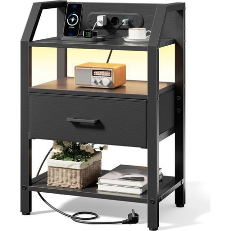 EcoFurnix Nightstands with Outlets & USB Ports, Night Table with LED, Accent Table with Fabric Drawers & 2 Shelves - Black
